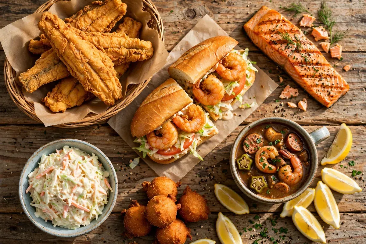 Flying Fish menu prices 2026 fried seafood spread with catfish, shrimp po boy, grilled salmon and gumbo
