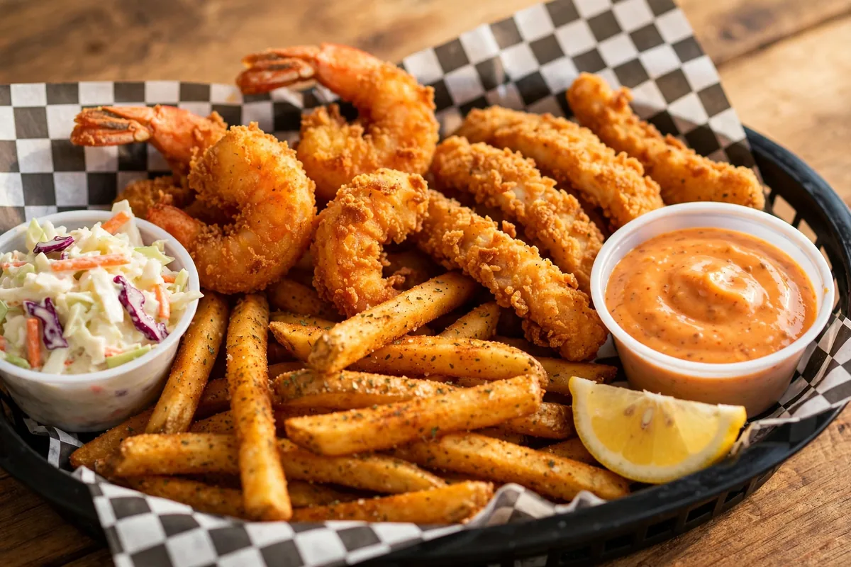 Flying Fish menu prices 2026 fried shrimp and catfish basket with fries and coleslaw