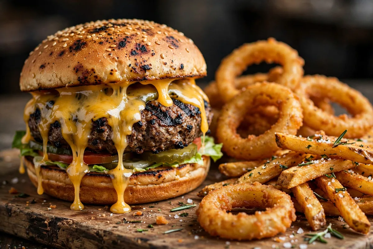 Fosters Grille menu prices 2026 char-grilled burger with onion rings and fries