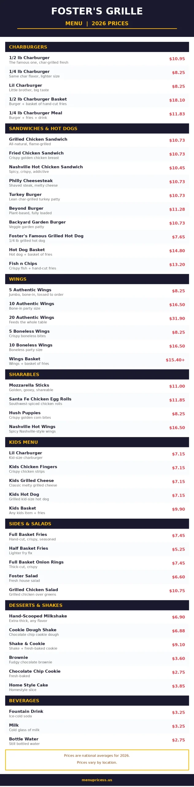 Fosters Grille menu prices 2026 menu card