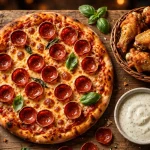Foxs Pizza Den menu pepperoni pizza with chicken wings