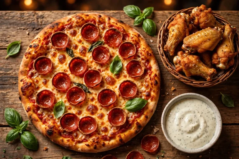 Foxs Pizza Den menu pepperoni pizza with chicken wings