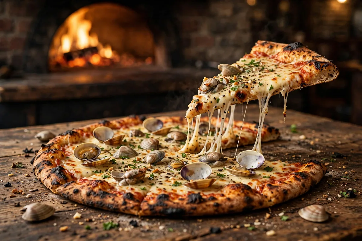 Frank Pepe pizza calories white clam pie at the restaurant