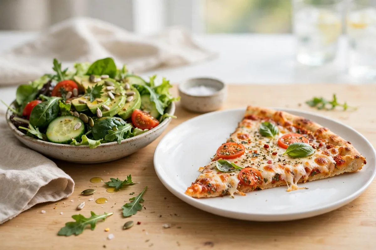 Frank Pepe pizza lowest calorie meal: one thin slice served with a fresh green salad