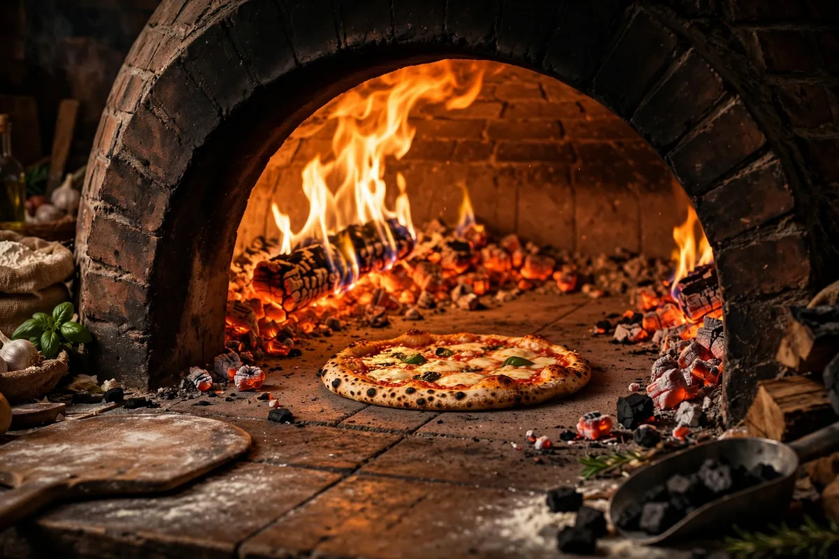 Frank Pepe pizza baking in a coal-fired oven, thin crust keeps calories per slice lower