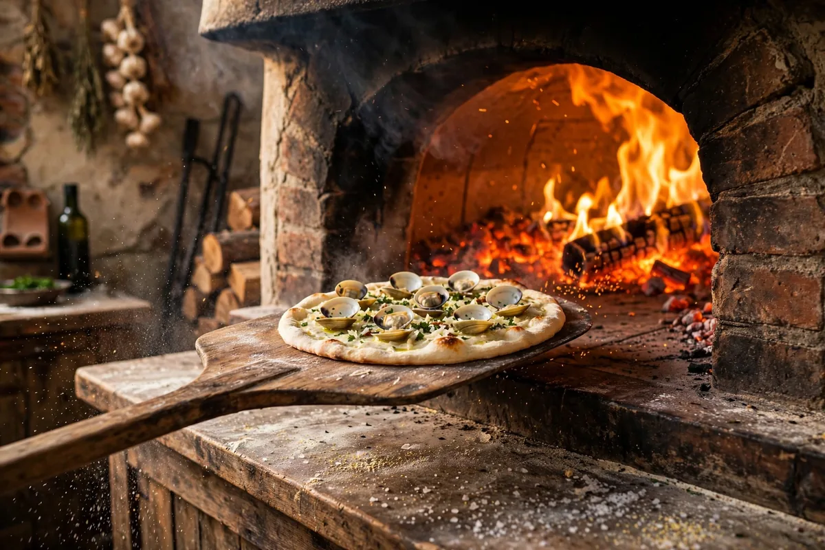 Coal-fired oven baking pizza at one of the frank pepe locations