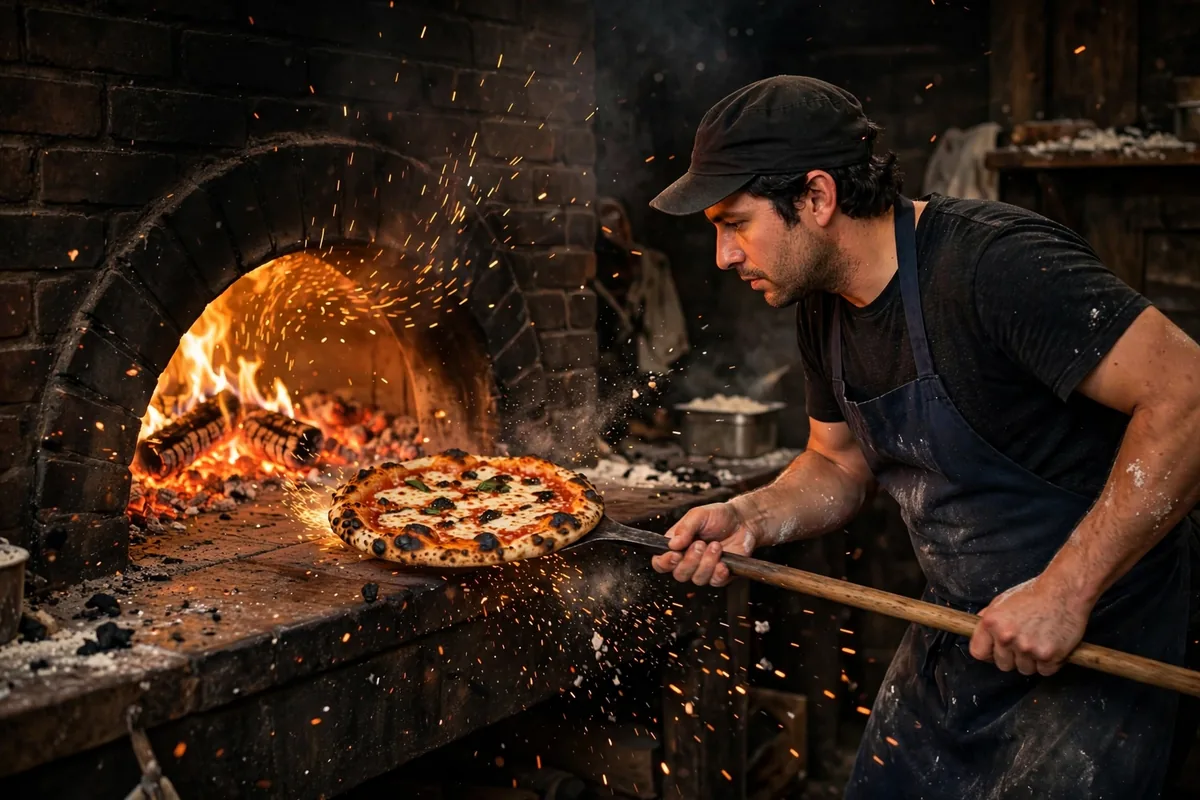 Frank Pepe's working hours: a hot pizza sliding out of a coal-fired brick oven at a Pepe's pizzeria
