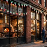 Frank Pepe's working hours: coal-fired pizzeria storefront at evening