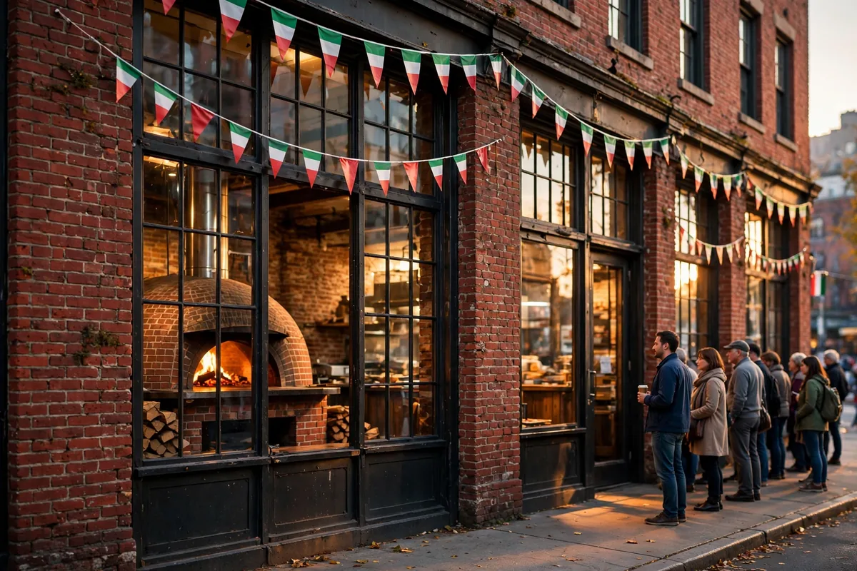 Frank Pepe's working hours: coal-fired pizzeria storefront at evening