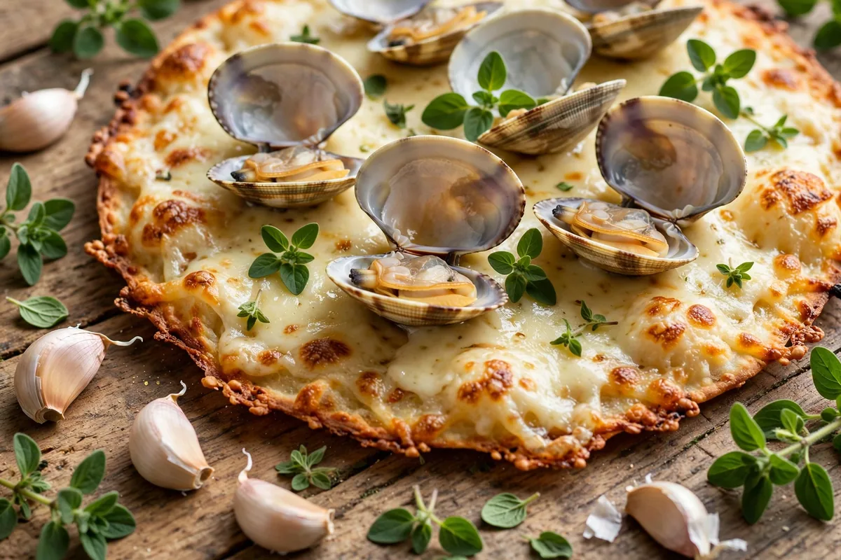 Frank Pepe secret menu white clam pizza with fresh clams, garlic and oregano
