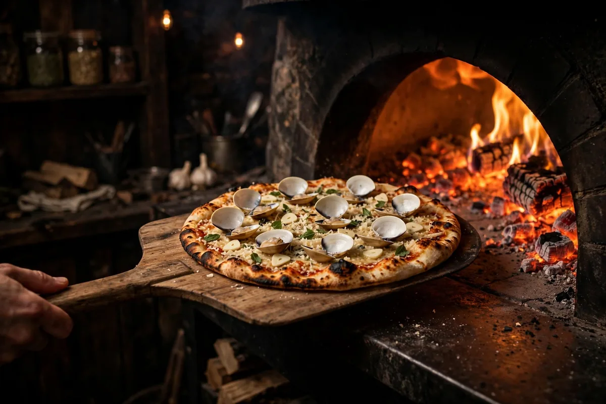 Frank Pepe secret menu white clam pizza coming out of coal-fired oven