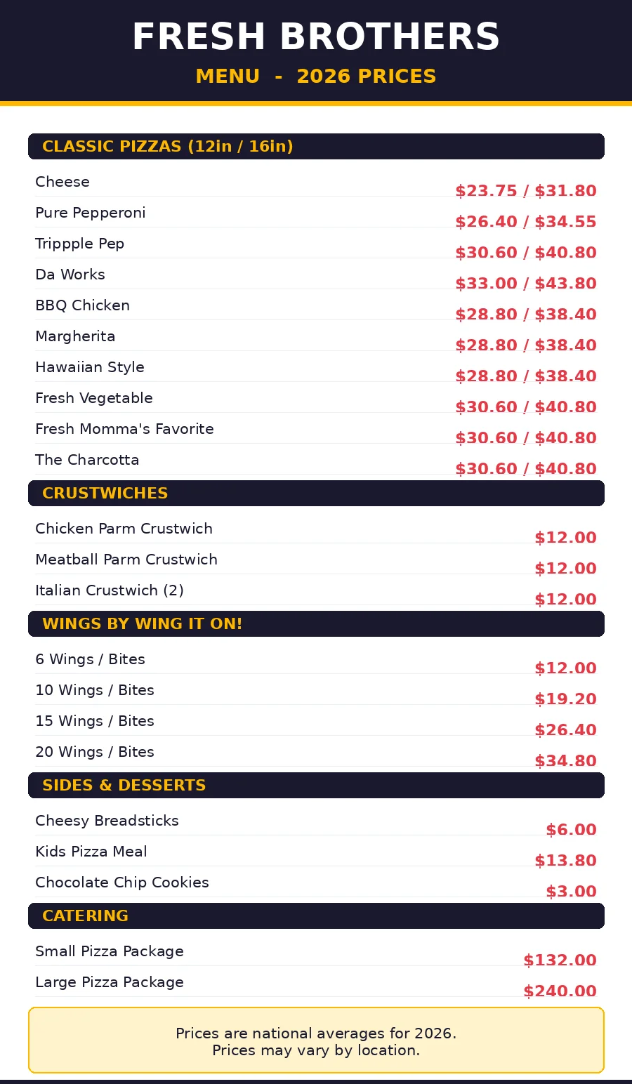 Fresh Brothers menu card with pizza prices 2026