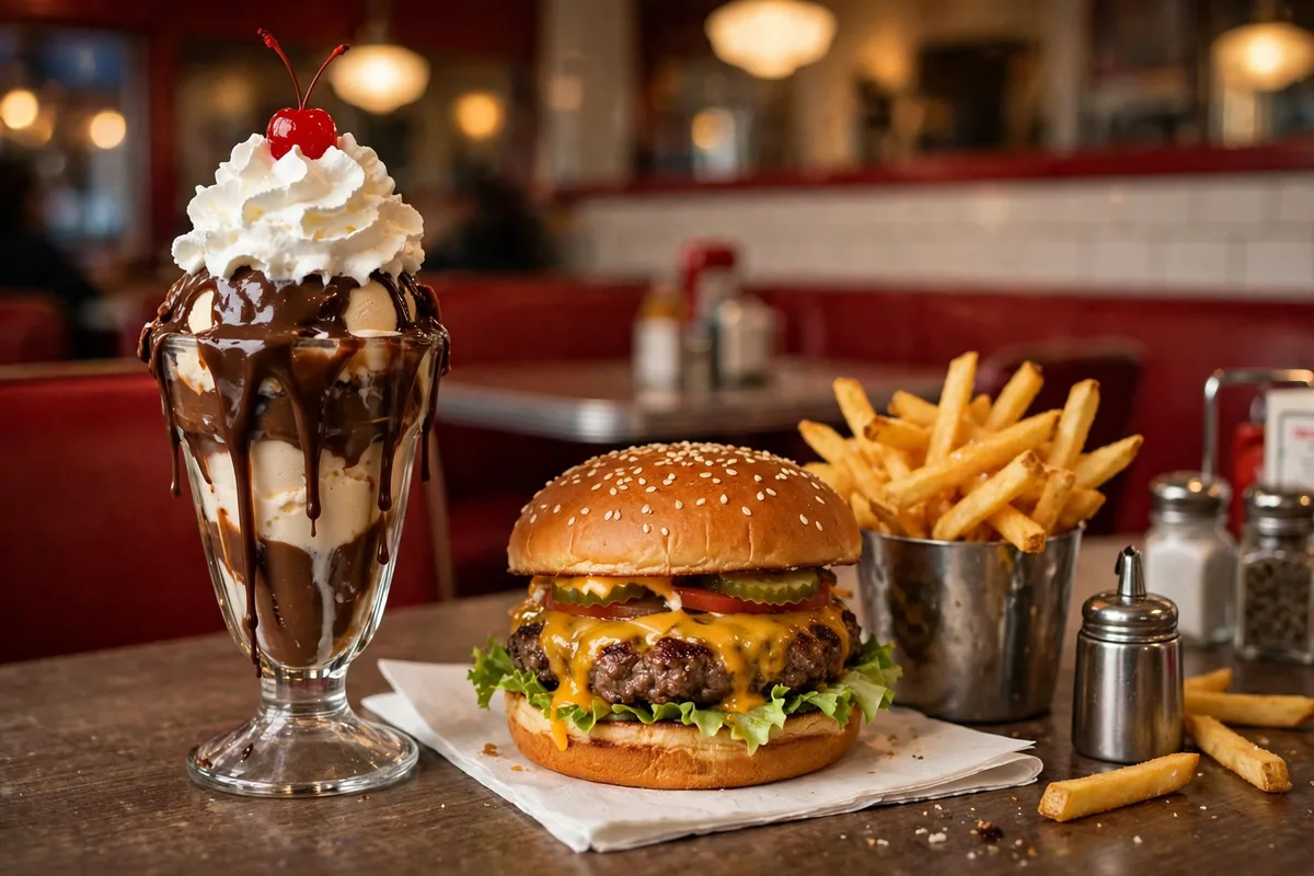 Friendlys menu prices 2026 ice cream sundae cheeseburger and fries in a diner