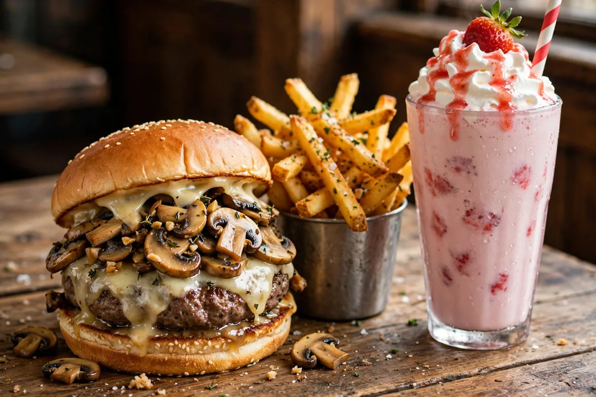 Frugal's burgers menu mushroom swiss burger with fries and shake