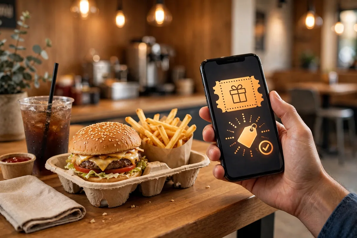 Checking Fuddruckers eClub coupons and deals on a phone at the restaurant
