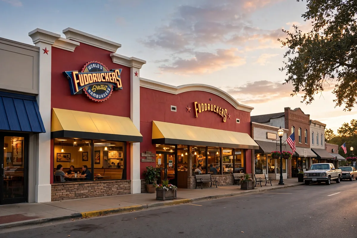 Fuddruckers restaurant storefront, one of 42 Fuddruckers locations in the US