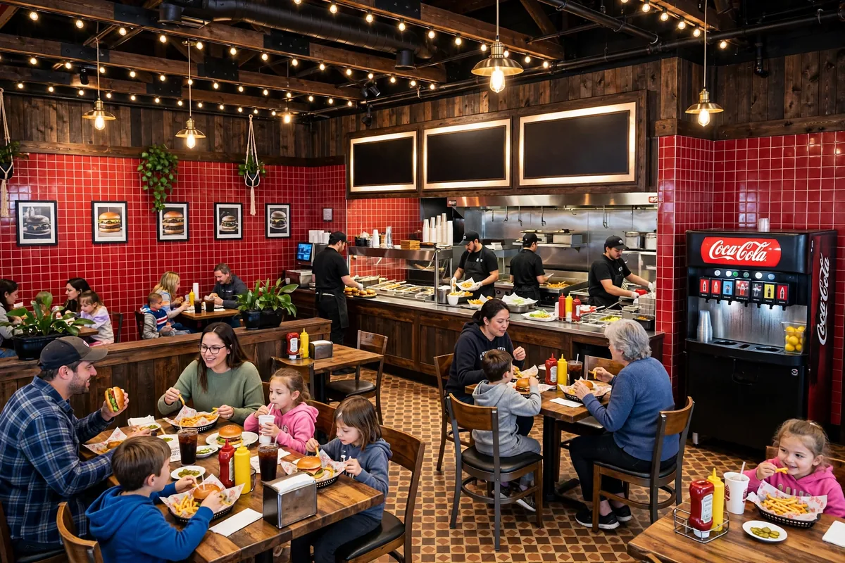 Inside a Fuddruckers restaurant location, diners enjoying burgers at wooden tables