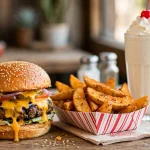 Fuddruckers menu prices: flame-grilled cheeseburger with wedge fries and shake