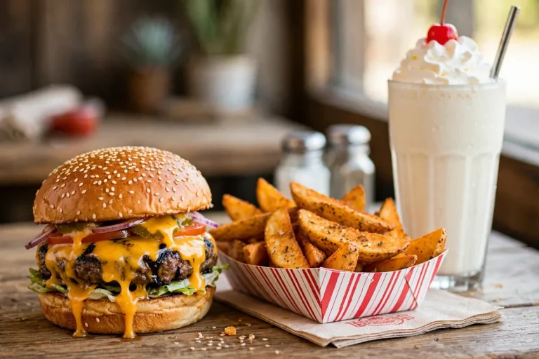 Fuddruckers menu prices: flame-grilled cheeseburger with wedge fries and shake