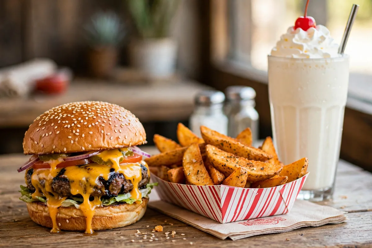 Fuddruckers menu prices: flame-grilled cheeseburger with wedge fries and shake