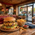 Fuddruckers working hours burger and fries on a restaurant table