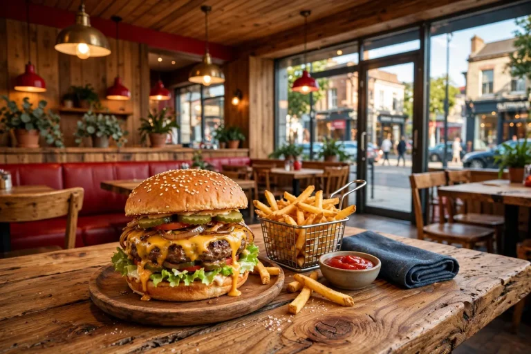 Fuddruckers working hours burger and fries on a restaurant table