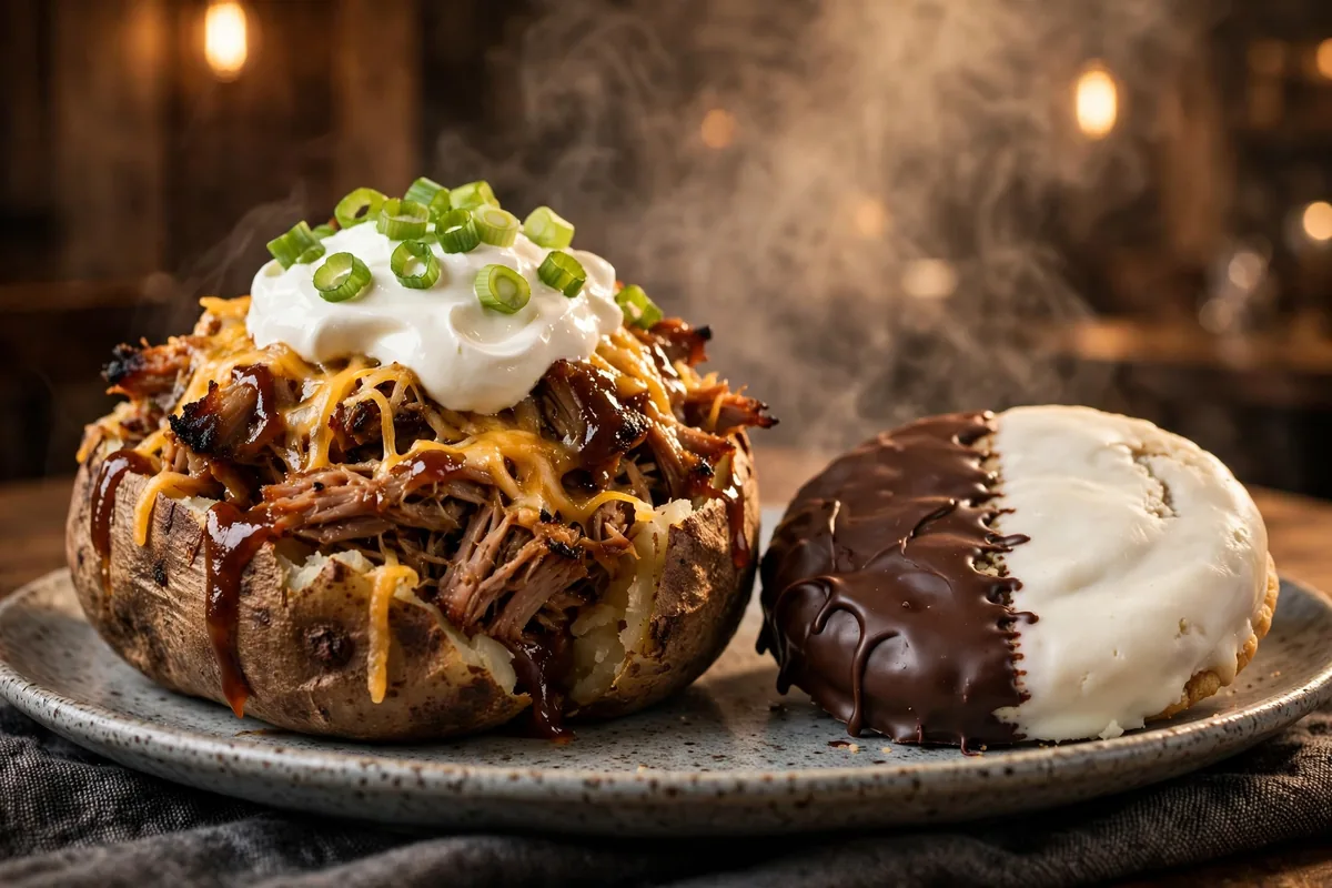 Full Moon BBQ Big Baker loaded potato and Half Moon cookies - in-restaurant favorites