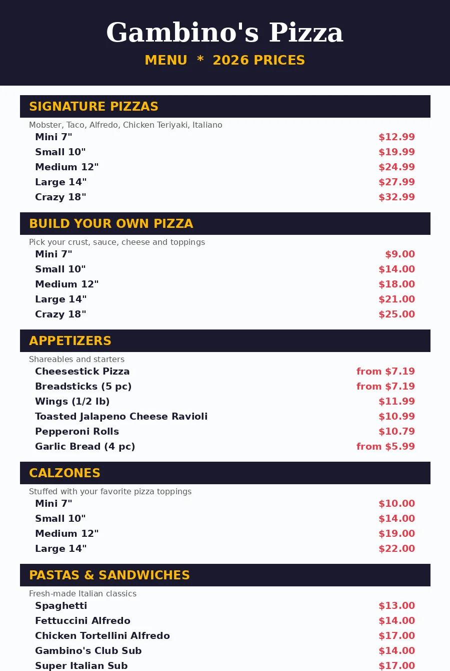 gambinos pizza menu prices 2026 menu card with prices
