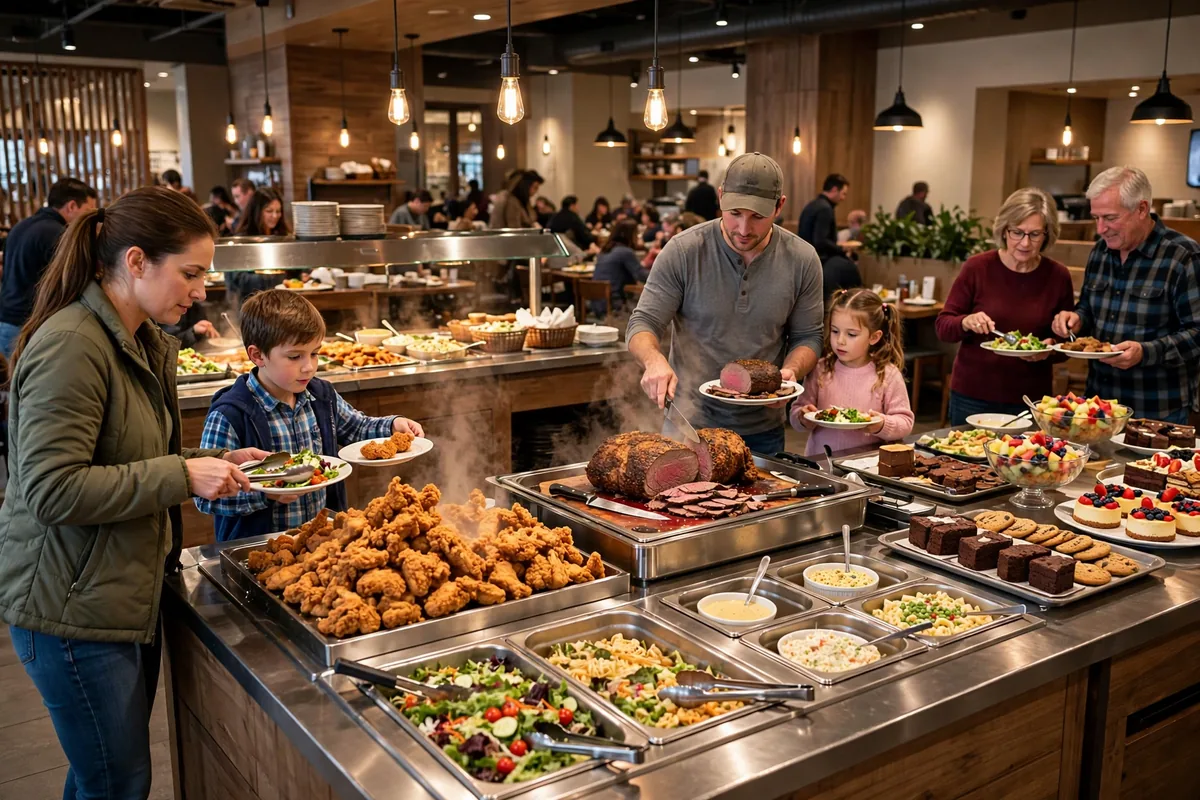 Busy Golden Corral style buffet with fried chicken and roast beef during the wave of golden corral closing restaurants