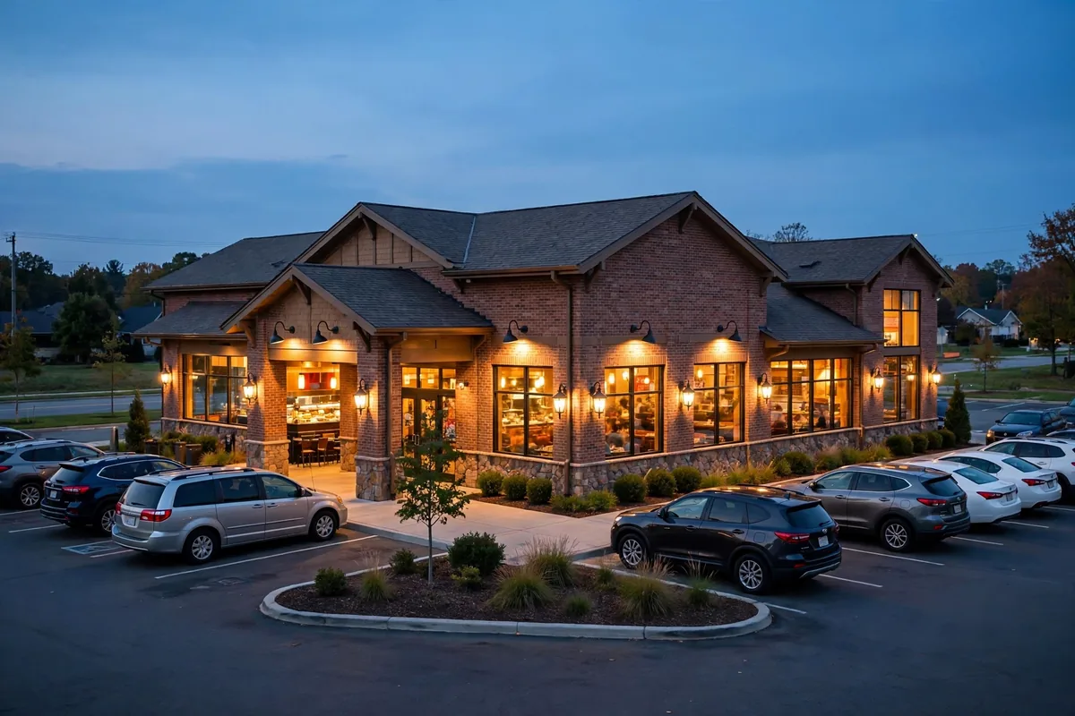 Golden Corral restaurant glowing at dusk amid golden corral closing restaurants news in 2026