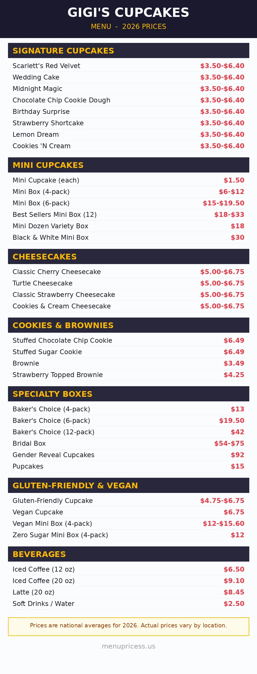 Gigi's Cupcakes menu card with prices 2026, signature cupcakes, minis, cheesecakes and boxes
