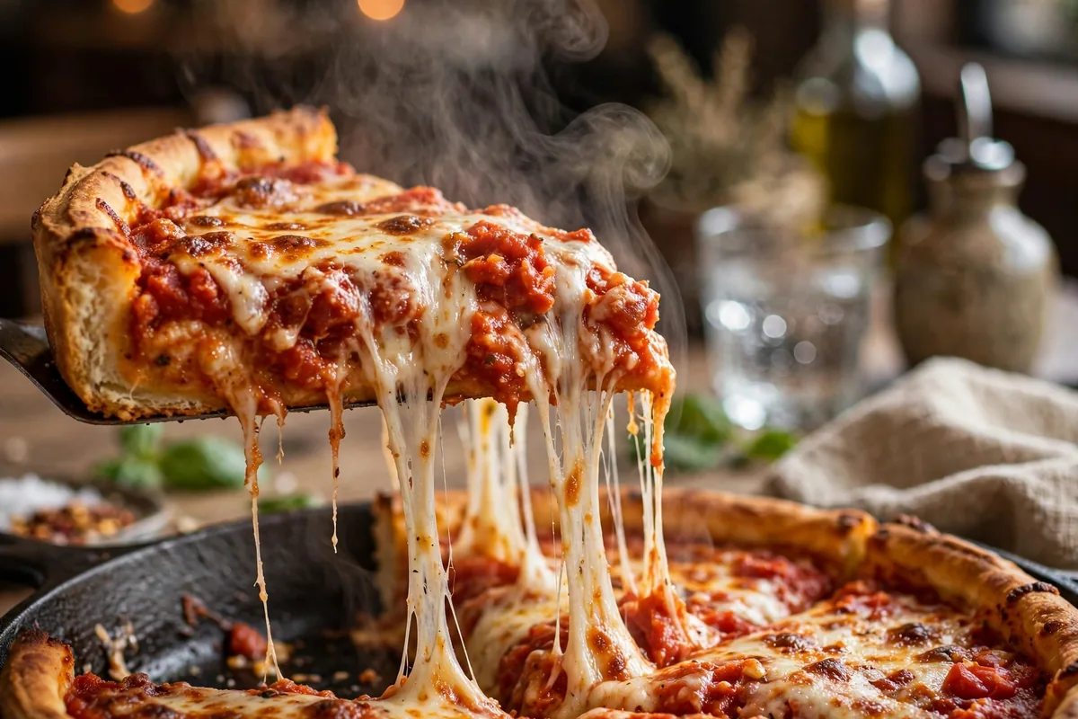 Giordanos locations - deep-dish pizza slice with melted cheese pull