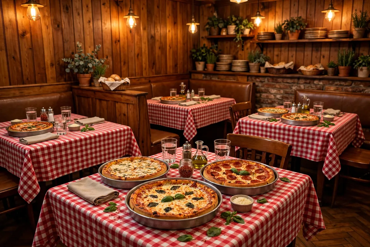 Giordano's restaurant dining room with deep-dish pizzas served on tables