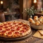 Godfather's Pizza pepperoni pizza with cheesesticks and a coupon envelope