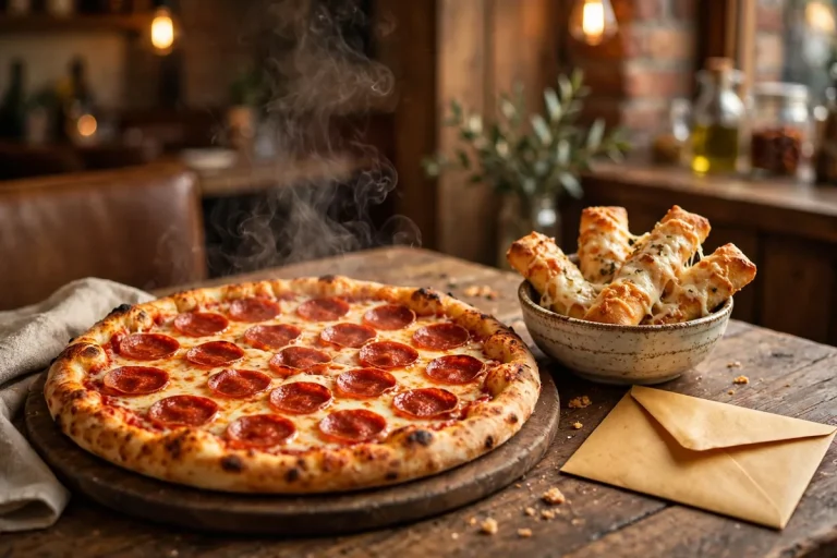 Godfather's Pizza pepperoni pizza with cheesesticks and a coupon envelope