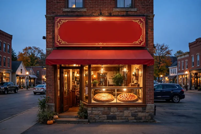 Godfather's Pizza restaurant storefront at dusk