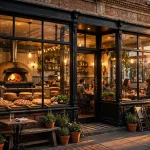 Godfather's Pizza restaurant storefront at golden hour with glowing windows