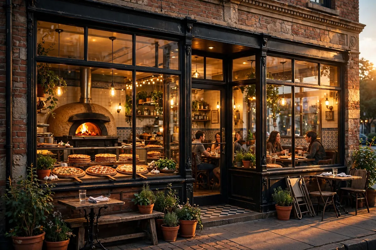 Godfather's Pizza restaurant storefront at golden hour with glowing windows