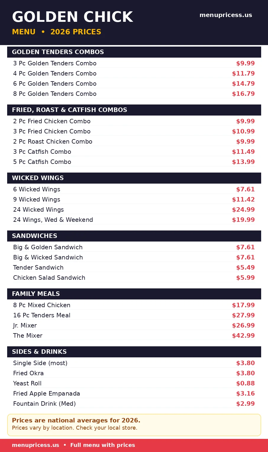 Golden Chick menu prices 2026 menu card