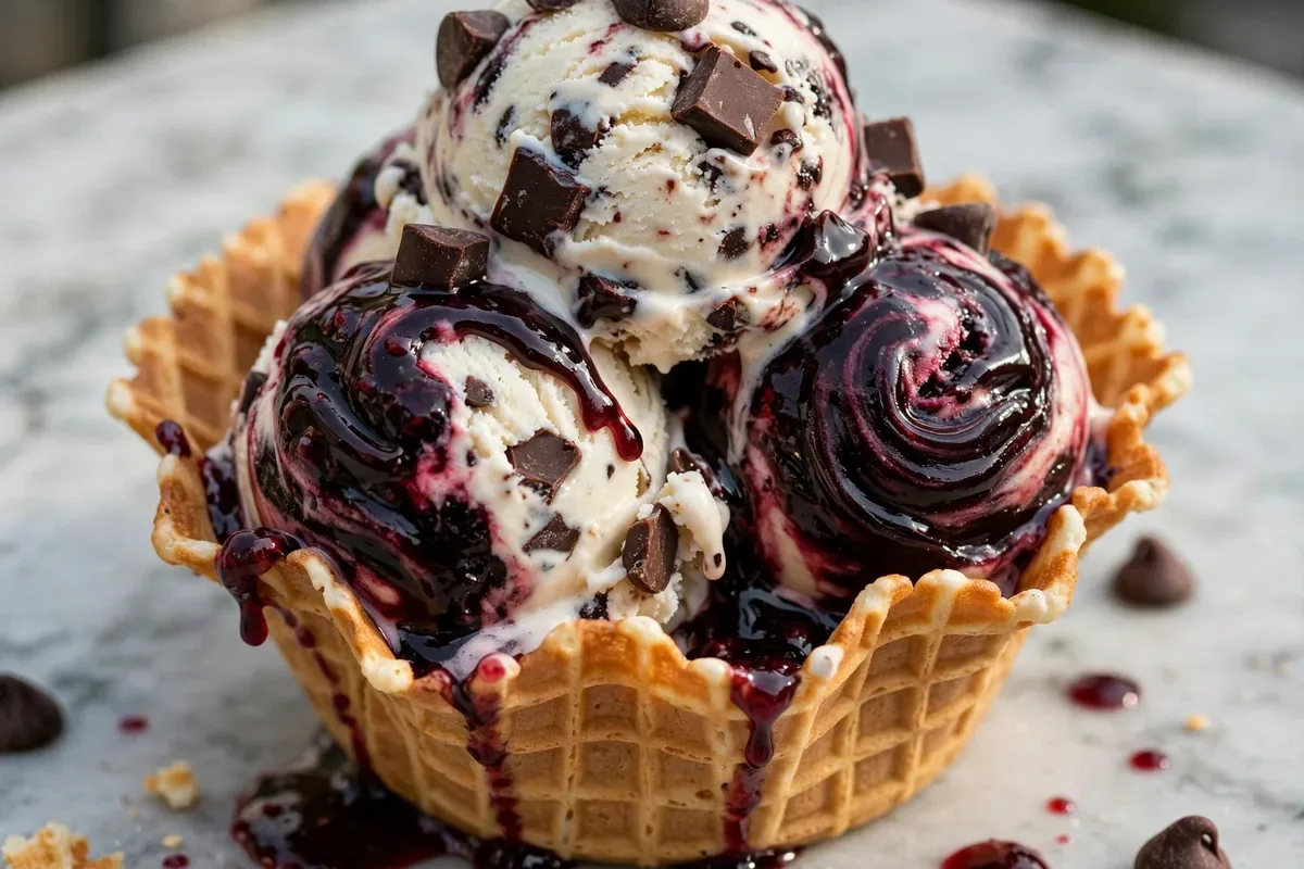Graeter's black raspberry chocolate chip ice cream calories served in a waffle cup