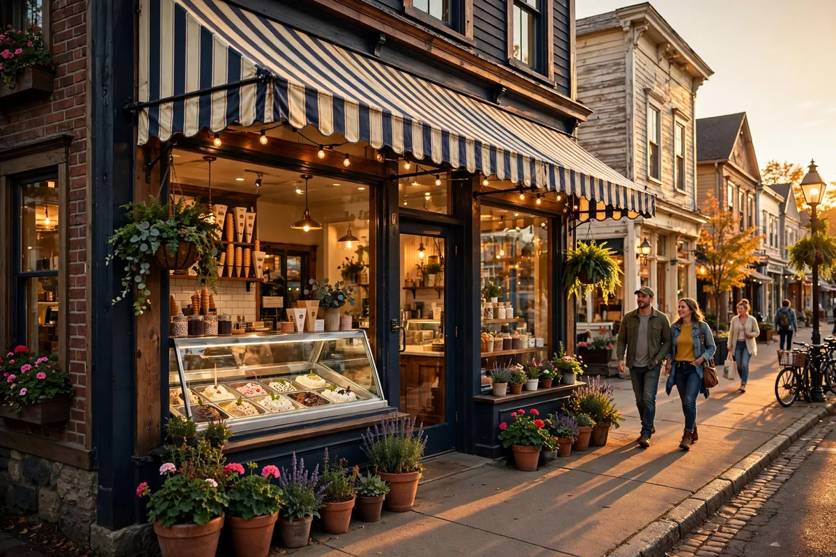 Graeter's ice cream scoop shop storefront exterior at golden hour