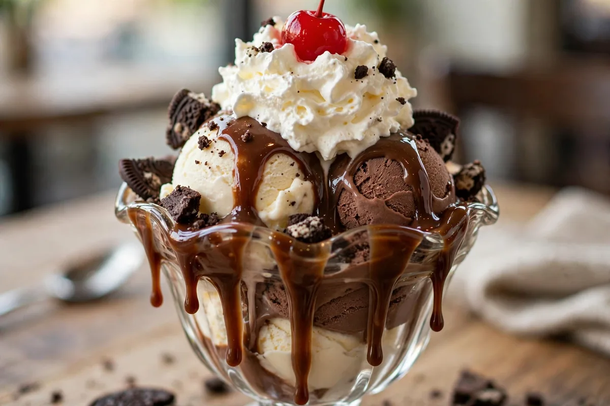 Graeter's secret menu off-menu sundae with hot fudge and cookie pieces