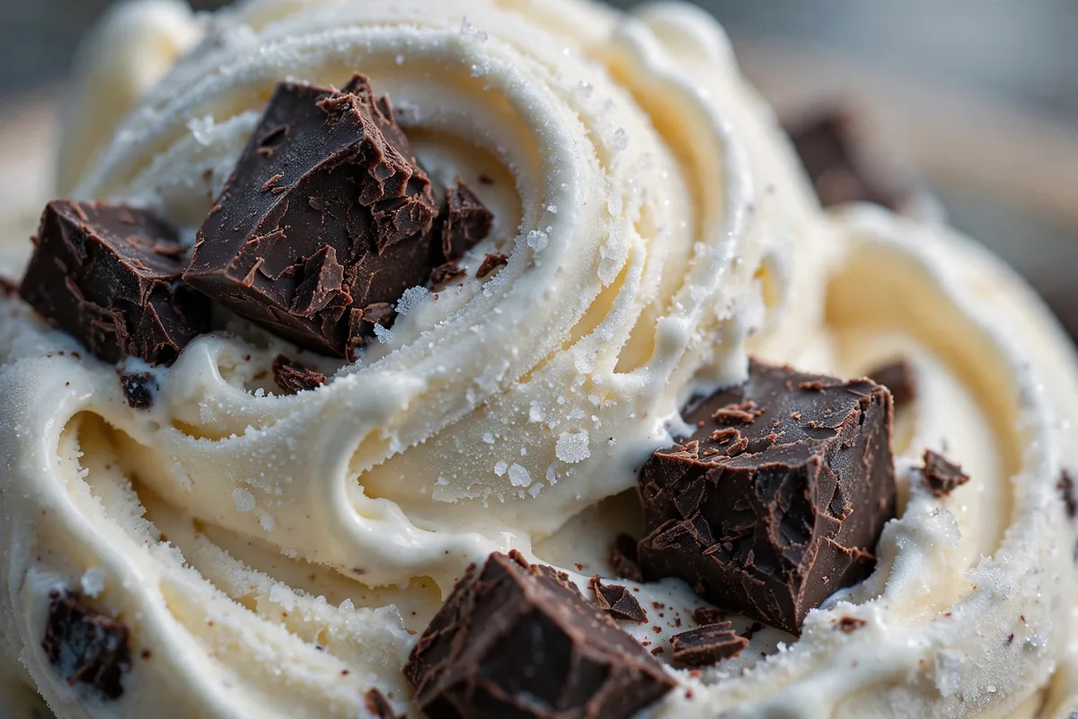 Graeter's secret menu signature chocolate chunks folded through vanilla ice cream close up