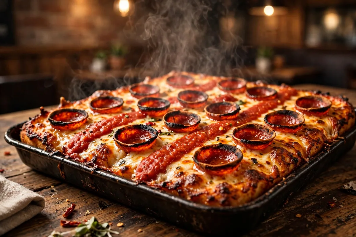 Green Lantern pizza menu prices 2026 Detroit-style square pizza with pepperoni