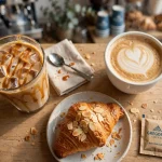 Gregorys Coffee menu prices - iced latte, oat milk latte and almond croissant