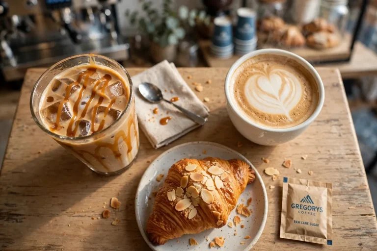Gregorys Coffee menu prices - iced latte, oat milk latte and almond croissant