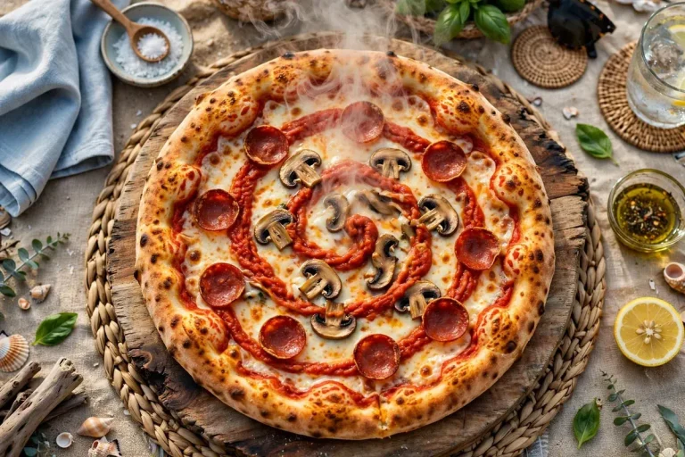 Grotto Pizza menu prices 2026 signature swirled sauce pizza on wooden board