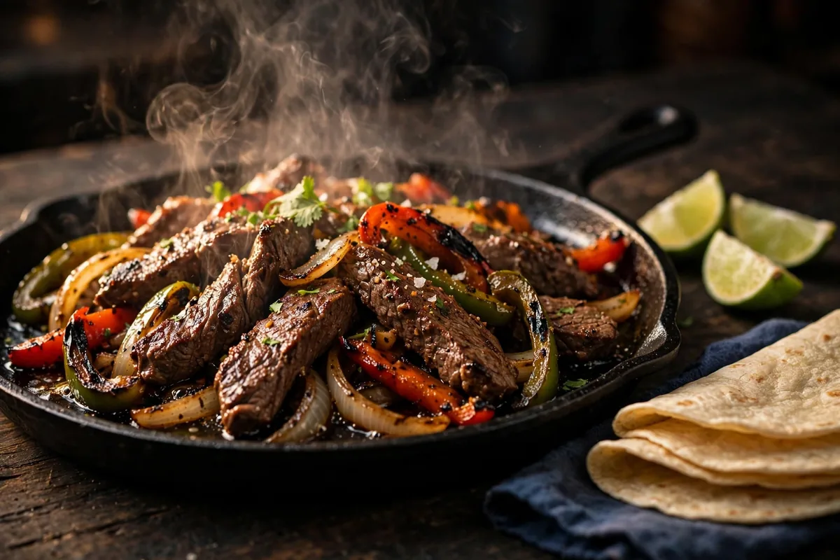 Guapo's steak fajitas price 2026 - sizzling cast-iron fajita platter close-up