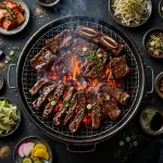 Gyu Kaku menu prices 2026 tabletop Japanese yakiniku grill with sizzling marinated beef slices