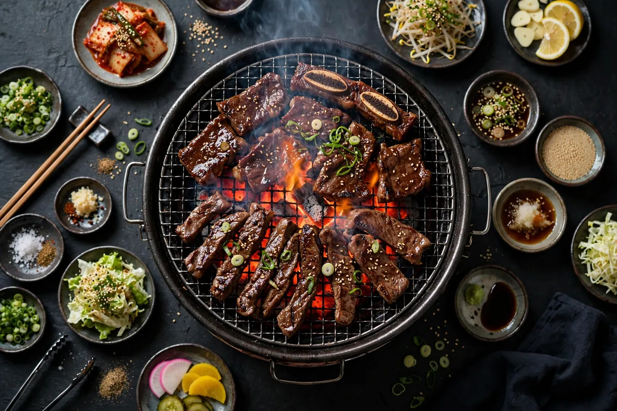 Gyu Kaku menu prices 2026 tabletop Japanese yakiniku grill with sizzling marinated beef slices